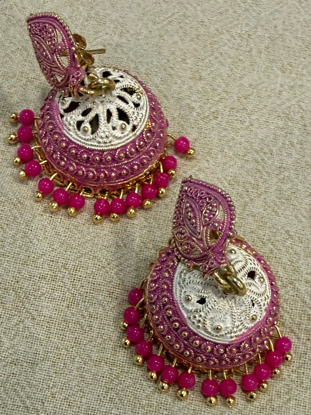 Ornate pink white dangle Asian inspired dome beaded earrings